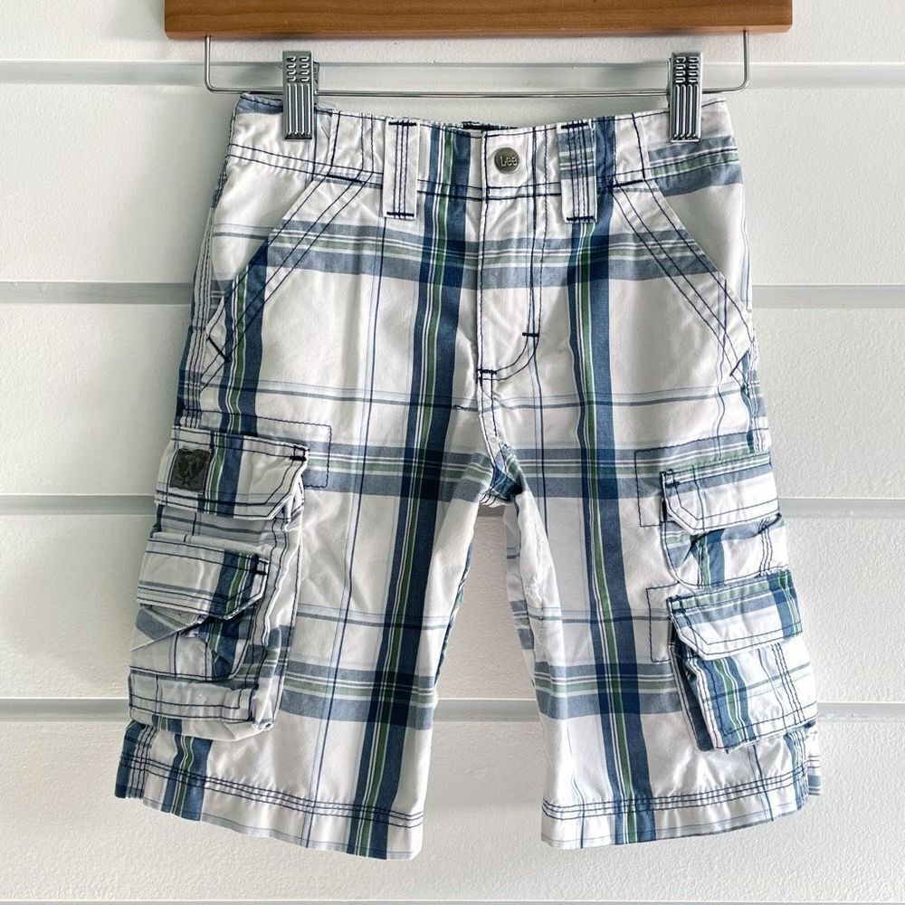 Lee Dungarees Boy's White Blue Plaid Adjustable Waist Loose Cargo Shorts Size 8